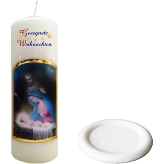 Meissner-Handel Auswahl Motiv, Weihnachtskerze 'Gesegnete Weihnachten' ca. 6 x 18 cm, farbig getaucht, mit farbigen Wachs- und Bildauflagen, inkl. Keramikuntersetzer (Motiv 030-GW)