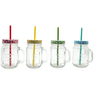 OSMA Werm Glas 4er Set Trinkgläser mit Henkel, Deckel & Strohhalm- Bunt, 4-tlg., Bunte Trinkgläser mit Deckel – robuster Schutz vor Insekten