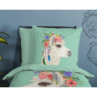 Bettwäsche »Alpaka Lama Blumen pastell uni grün mint«, soma, Baumolle, 2 teilig, Bettbezug Kopfkissenbezug Set kuschelig weich hochwertig grün