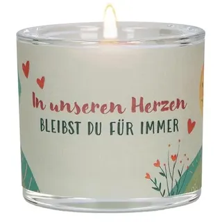 Butzon & Bercker Glaswindlicht zur Trauer Ø 6,5 cm – mundgeblasenes Windlicht mit farbig bedrucktem Pergamentumleger, Lieferung in grüner Geschenkverpackung mit weißem Teelicht: LichtMoment