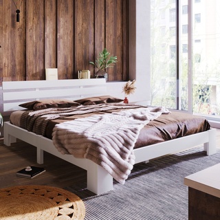 Merax Massivholzbett Holzbett Doppelbett, Bettrahmen aus Holz mit Kopfteil und Lattenrost, 140 x 200 cm, Holzlattenunterstützung, Stauraum unter dem Bett, Schlafzimmermöbel, Weiß