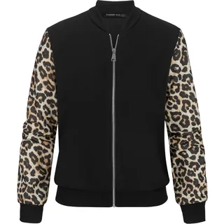 cloud 5ive Bomberjacke CLOUD 5IVE "CLOUD 5IVE Bomber Jacket 2-Tone Leo Sleeve Print", Damen, Gr. L, schwarz, 95% Polyester, 5% Elasthan, mehrfarbig, normal, amerikanischer Ausschnitt, Jacken Bomberjacke