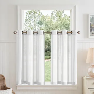 TOPICK Scheibengardinen modern Bistrogardine Wohnzimmer Weiß H 90 x B 90 (cm) 2er Set mit Ösen Transparent Landhaus Ösenvorhang Streifen Voile Küchenvorhang Gestreift Küchengardinen Klein Fenster