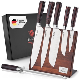 Samuto Messer Set | 5 Asiatische Edelstahl Messer mit Schärfer & magnetischer Messerblock | Kochmesser mit ergonomischem Pakkaholzgriff inkl. Geschenkbox | Perfektes Küchenzubehör |Designed in Germany