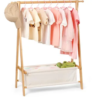 Relquorax Bambus Kinder Kleiderständer mit Aufbewahrungstasche und Kleiderstange, Dress-up-Ständer, kleiner Garderobenständer, für Kostüme im Kinderzimmer (Naturfarbe)