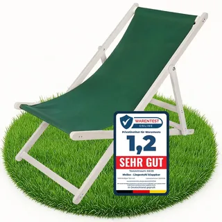 Melko Liegestuhl Strandstuhl klappbar 3-Fach verstellbar Holz Weiß Grün | Kiefernholz mit atmungsaktivem Polyesterbezug, bis 120 kg belastbar, nur ca. 3,5 kg leicht, Sicherung gegen Zusammenklappen
