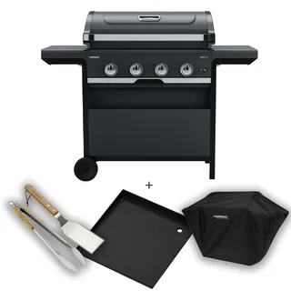 Campingaz Gasgrill 4 Series Select L Grillset mit extra Grillplatte, Abdeckung & Grillbesteck, BBQ Gas-Grillwagen mit 4 Edelstahlbrennern, Deckel mit Thermometer, InstaClean, 12 kW Leistung