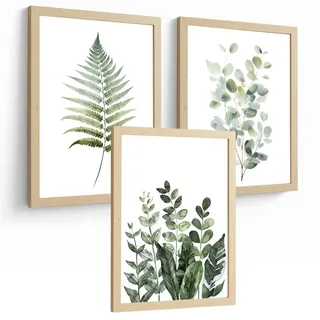 POSTER 3er Bilder-Set Wandbilder Botanisch Grün modern Wohnzimmer Deko, Schlafzimmer, Küche, Badezimmer Rahmenlos A4