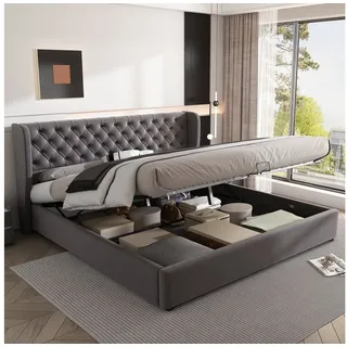 Odikalo Polsterbett Doppelbett mit Bettkasten & Lattenrost Mehrfarbig (140x200 160x200 180x200 180x190 Polsterbett Ohrenform Samtstoff Große Knopfnähte Doppelbett, Hydraulisches Funktionsbett mit Lattenrost und Stauraum, Bettunterseite ist mit einem schmutzabweisenden schwarzen Vliesstoff) grau 180 cm x 200 cm