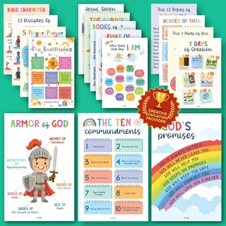 EXCOOL CLUB Sonntagsschuldekorationen für Klassenzimmer – 16 Poster zum Buch der Bibel für Kinder, Zehn Gebote Fruit of the Spirit, Wandkunst, Bibelstudiumszubehör für christliches