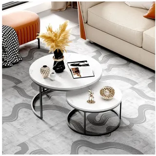 REDOM Couchtisch Satz Marmor Furnier Sofa Seite Nest von Tischen Runde Endtische (2-St), Ideal für Wohnzimmer & Büro, Platzsparendes stapelbares Design weiß 80 cm x 45 cm x 80 cm