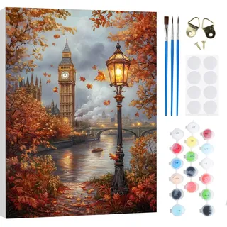 RICUVED Herbst Landschaft Malen nach Zahlen Erwachsene Kinder, London Malen nach Zahlen DIY Handgemalt Ölgemälde Kit Paint by Numbers Adult mit Rahmen 3 - Pinseln und Acrylfarbe Kit 20x30cm