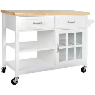 Livetastic Servierwagen, Natur, Weiß, Holz, Glas, Holzwerkstoff, Kiefer, Kautschukholz, massiv, 2 Schublade(n) Schubladen, rechteckig, 117x86x48 cm, Esszimmer, Barmöbel, Barwagen