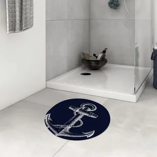 DHAEY Badezimmerteppich rutschfest Weißer nautischer Anker Atmungsaktives Marineblau Waschbar Teppich rund Weich Flauschig Badteppich Weich Kurzflor Mikrofaser Badvorleger 60 cm