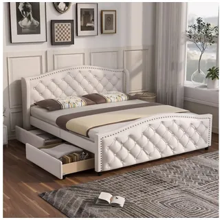 STILVORA Polsterbett STILVORA Doppelbett 160x200 mit Stauraum Jugendbett mit Lattenrost (mit Lattenrost und Kopfteil,Doppelbett, Stauraumbett mit 2 Schubkästen, 160X200cm ohne Matratze), mit hohes Kopfteil & Bettkasten, Holzlattenunterstützung, PU, weiß weiß 166 cm x 213.5 cm x 100 cm