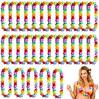 YOUNGSAY 30 Stück Bunt Hawaii Kette Blumen, Hawaii Ketten Wiederverwendbare | Doppellagige Blüten, Flauschig und wunderschön, Angenehm zu tragen für Strandparty, Poolparty und Geburtstagsdekoration