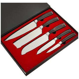 Wan Yuan Hu 5 teiliges asiatisches Messer-Set in Damastmesser-Optik aus scharfem rostbeständigem Stahl mit Pakkaholz Griff