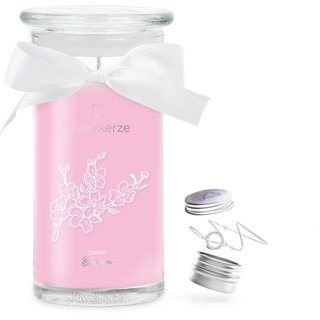 JuwelKerze Cherry Blossom Armband Silber - Schmuckkerze 80 Std - große Duftkerze mit Blumigem Duft - rosane Kerze mit Schmuck Überraschung - Geschenke für Frauen, Geburtstag
