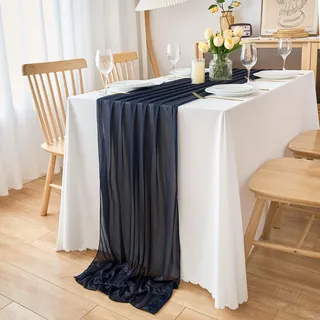 DecorMommt Tischläufer Marine Blau Hochzeit Tischläufer Chiffon Dekorativ Stoff Tischdecke Herbstdeko Boho Tisch läufer für Kommunionen Hochzeiten Taufen Ugeburtstag Esszimmer Party, 77 x 300 cm