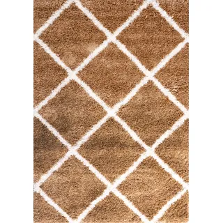 Hochflor Teppich Wohnzimmer Shaggy weich modern Rauten Muster Grau Anthrazit Creme Schwarz Rot Lila Beige, Farbe:Beige, Maße:200x280 cm