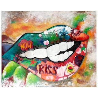 GILDE Bild XL - Wandbild und Kunstobjekt handgefertigt aus Metall - Street Art Motiv: Mund mit Schriftzug Kiss und Wow - Mehrfarbig - 100 x 80 cm