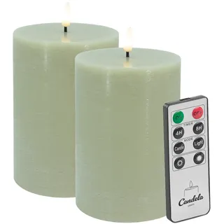 Candela LED Kerzen 2er Set H:15xØ10cm grün rustic Echtwachs mit Fernbedienung Timer Funktion & mehrstufig dimmbar flammenlos Echtwachskerzen Stumpenkerze