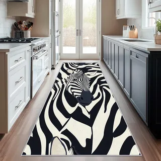Generisch Läufer Flur Zebra, Waschbarer Teppich Läufer Schwarz Weiss 60x200, Küchenteppich, Eingangsbereich, Bettvorleger, Schlafzimmer Deko, rutschfest, Kurzflor g50