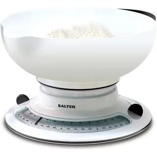 Salter Analoge Küchenwaage, Herausnehmbare Schüssel, Mit Hinzufügen und Wiegen Funktion, Batterie-frei, Aqua Design, Leicht Ablesbare Anzeige, Backwaage, Kochwaage, Küchenzubehör, 2,6L, Max.4 kg