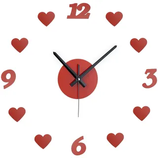 Relaxdays Wanduhr DIY, Wohnzimmeruhr mit Herzen & Zahlen, Ø 50-100 cm, rot | Wandtattoo Uhr zum Kleben, 3D-Uhr Wand