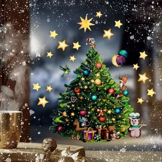 Fensterbild Weihnachtsdeko Weihnachten Weihnachtsbaum mit Tiere Fuchs Igel wiederverwendbar Winter Fensterdeko Fensterbilder Kinder Zimmer bf163 ilka parey wandtattoo-welt®