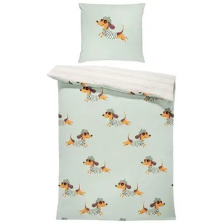 MTOnlinehandel Bettwäsche Dackel 135x200 + 80x80 cm, Baumwolle Renforcé, witziges Hundedesign, 100% Baumwolle, 2 teilig, Wende-Motiv in sanften Grüntönen – weich und pflegeleicht grün