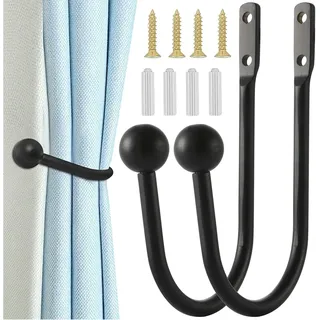FANNAS Raffhalter Gardinen 2 Stück Dekorativer Metall Vorhang Raffhalter Haken Wandbefestigung U-Form Raffbügel Vorhänge Tieback Hooks für Schlafzimmer Wohnzimmer Bäder Büros Cafés (Schwarz)