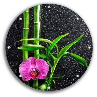 Wallario Sichtschutzzaunmatten Bambus und pinke Orchidee auf schwarzem Glas mit Regentropfen, rund schwarz 30 cm x 30 cm