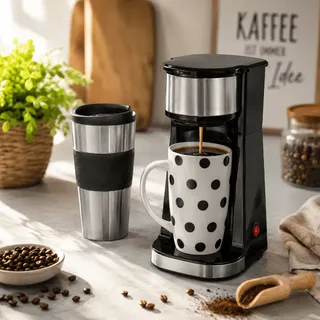 Cucinova Kaffeemaschine mit Keramik- und Thermobecher, schwarz