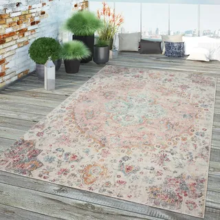 TT Home In-& Outdoor Teppich Küche Wohnzimmer Wetterfest Balkon Vintage Design Abstrakt, Farbe:Creme-Pink, Größe:60x100 cm