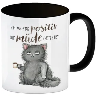 Katze mit Tasse Kaffeebecher in schwarz mit Spruch positiv auf müde getestet eine lustige Tasse für die Arbeit lustiger Männer Morgenmuffel Kaffeetasse Haustier Motiv