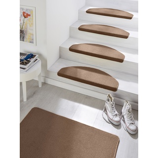 Hanse Home Stufenmatten Fancy – Treppen-Teppich Treppenmatten Selbstklebend Sicherheit Stufenteppich halbrund für Treppenstufen – Braun, ca. 23x65cm 15 Stück
