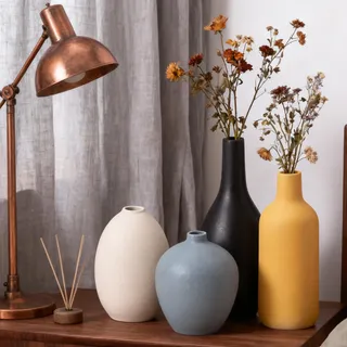 VASETOPIA Vasen Keramik 4 Stück, Kleine Blumenvasen Set für Dekor, Minimalistisch Vase Home Decor für Pampas Grass, Wohnzimmer, Esszimmer (09 Tiefblau/Orange/Beige/Hellblau)