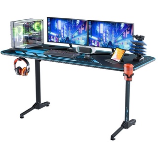 Gaming Tisch 160cm, ergonomischer T-Form Computertisch mit großer Mauspad, Schreibtisch Holz 160x75x75cm, mit Becherhalter, Kopfhörerhaken, Gamin...