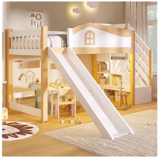 BlingBin Hochbett Halbhochbett Kinderhochbett Spielbett 90x200 cm (inklusive Rutsche, Stauraumtreppe, Schutzgeländer und LED-Lichtleiste) farblich einstellbarer LED-Lichtleiste,ohne Matratze weiß