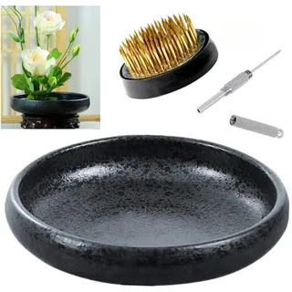 Japanisches Ikebana-Vasen-Set, flache Blumenbehälter, Keramik, Ikebana-Vase mit 4 cm Blumenfrosch und Blumenfrosch, Floristik, Kenzan-Nadel, Glättungswerkzeug (Frostschale A mit Punkten)