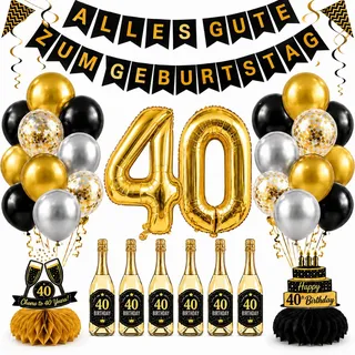 Deko 40 Geburtstag Mann, Deutsche Version, Schwarz-Gold Partydeko Set | 40. Geburtstag Deko mit Banner, Girlande, Luftballons, Tischdeko, Weinflaschenaufkleber, Gut für eine Geburtstagsüberraschung