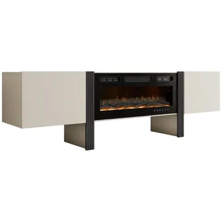 MIRJAN24 TV-Schrank 200 2D Tore 05 mit Kamin (mit zwei Drehtüren) Realistische LED-Flamme. 200x41x58 cm beige|schwarz