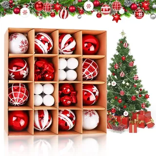 42 Stück Weihnachtskugeln Dekorationen,6cm bruchsichere hängende Weihnachtskugel,Hängende Weihnachtskugeln Kugeln Ornamente für Weihnachtsbaum,Weihnachtsbaum Dekoration Set für Xmas Party,Rot,Weiß