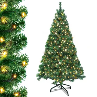 Künstlicher Weihnachtsbaum mit LED Beleuchtung & Ständer,210cm Grün PVC | integrierter Lichterkette, stabiler Metal Ständer, wetterfestes PVC Material,ideal für die Innen- und Außendekoration