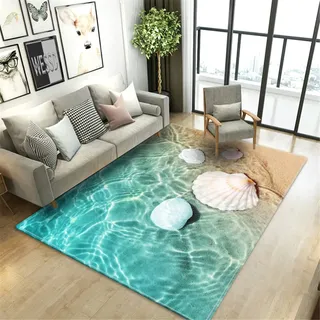 Strandlandschaft 3D Druck Teppich Blau Meere Swelle Seestern Muschel Flanell Groß Teppich Wohnzimmer Schlafzimmer Rutschfeste Fußmatten Mädchen Jungen Paare Bettvorleger (Farbe 3,120x160 cm)