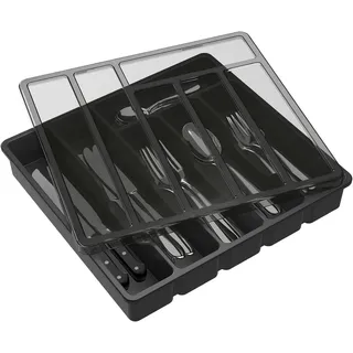 PFCTART Besteckkasten Schwarz Besteckkasten mit Deckel 6 Fächer (Besteckkasten für Schubladen aus Kunststoff für Löffel, Gabeln), Besteckaufbewahrung für Küchenschublade und Arbeitsplatte schwarz