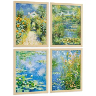 POSTER 4er Bilder-Set Wandbilder Matisse Stil modern Wohnzimmer Deko, Schlafzimmer, Küche, Badezimmer Leichter Holzrahmen A3