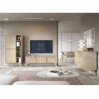 Lomadox Wohnmöbel Set Wohnwand beige, Front mit Fischgrätenmuster, 3-teilig, 1 Lowboard, 1 Regal, 1 Kommode
