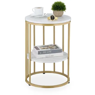 Relaxdays Beistelltisch Marmoroptik, 2 Ablagen, für Wohnzimmer, Metall & MDF, Sofatisch rund, HxD 57x40 cm,